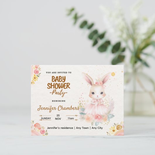 Baby shower - Schattige roze konijn. bewerkbaar Briefkaart (Staand voorkant)