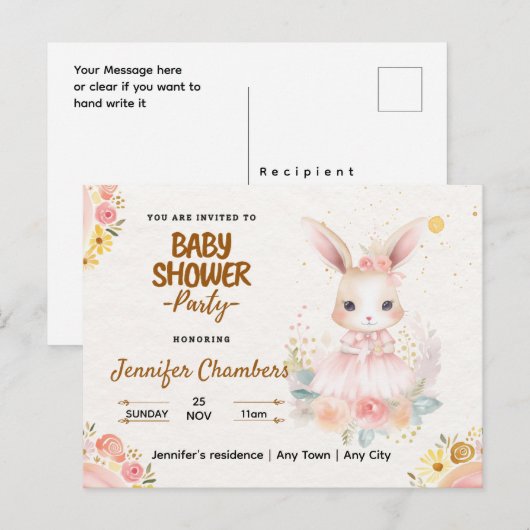 Baby shower - Schattige roze konijn. bewerkbaar Briefkaart (Voorkant / Achterkant)