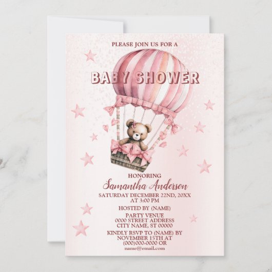 Baby shower Schattige Roze Teddybeer Hete Luchtbal Kaart (Voorkant)