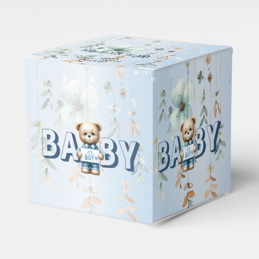 Baby shower Schattige Teddybeer Blauw Bloemen Mooi Bedankdoosjes (Voorkant Zijde)