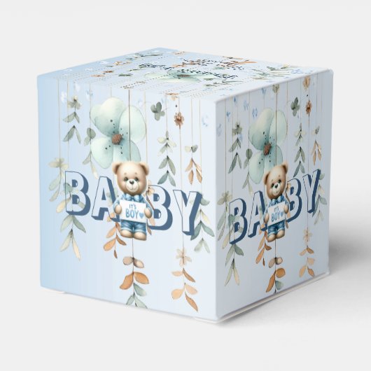 Baby shower Schattige Teddybeer Blauw Bloemen Mooi Bedankdoosjes (Achterkant)