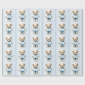 Baby shower Schattige Teddybeer Blauw Bloemen Mooi Cadeaupapier (Vlak)