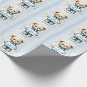 Baby shower Schattige Teddybeer Blauw Bloemen Mooi Cadeaupapier (Hoek)