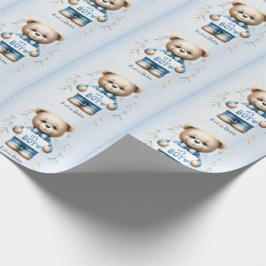 Baby shower Schattige Teddybeer Blauw Bloemen Mooi Cadeaupapier (Hoek)