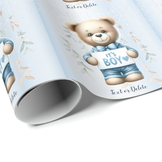 Baby shower Schattige Teddybeer Blauw Bloemen Mooi Cadeaupapier (Rol Hoek)
