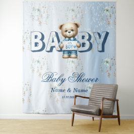 Baby Shower Schattige Teddybeer Blauwe Bloemen Moo Wandkleed