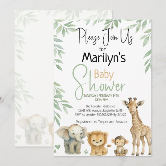 Baby shower Schattigee Baby wilde dieren Kaart (Voorkant / Achterkant)