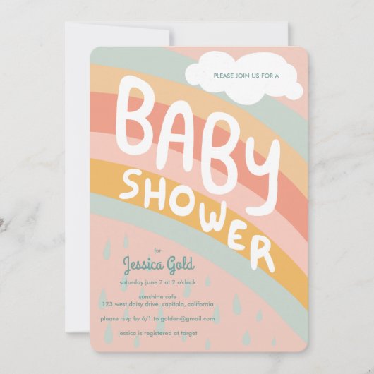 BABY SHOWER Schattigee Wolken Rainbow Rain Custom Kaart (Voorkant)