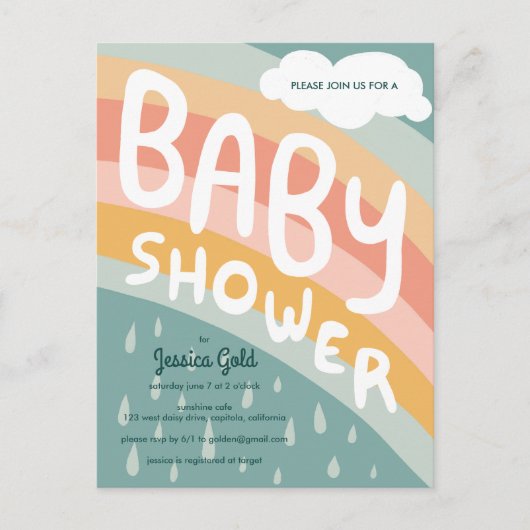 BABY SHOWER Schattigee Wolken Rainbow Rain Custom Uitnodiging Briefkaart (Voorkant)