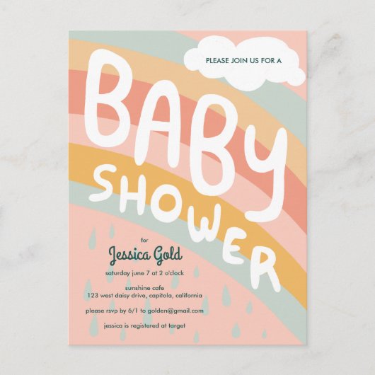 BABY SHOWER Schattigee Wolken Rainbow Rain Custom Uitnodiging Briefkaart (Voorkant)
