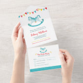 Baby shower schommelend hobbypaard aqua waterverf all in one uitnodiging (Afscheurbaar)