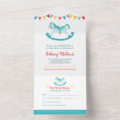 Baby shower schommelend hobbypaard aqua waterverf all in one uitnodiging (Binnen)