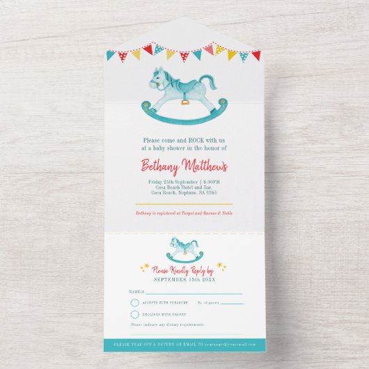 Baby shower schommelend hobbypaard aqua waterverf all in one uitnodiging (Binnen)