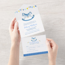 Baby shower schommelende hobby paard blauw waterve
