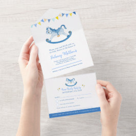 Baby shower schommelende hobby paard blauw waterve all in one uitnodiging