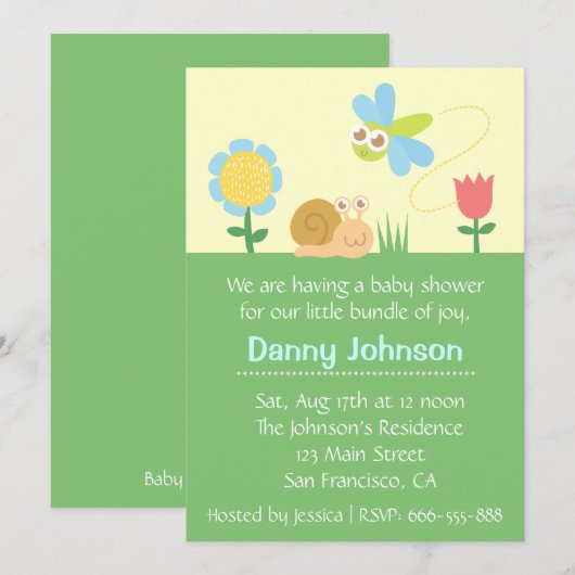 Baby Shower: Schuif Dragonfly en slak in een tuin Kaart (Voorkant / Achterkant)
