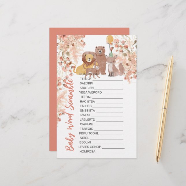 Baby shower Scramble Boho Safari Roze Pampasgras (Voorkant / Achterkant in situ)