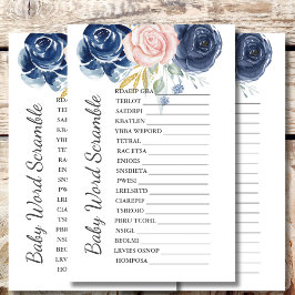 Baby shower Scramble Game Navy Blush Roze Bloemen