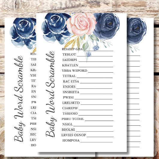 Baby shower Scramble Game Navy Blush Roze Bloemen