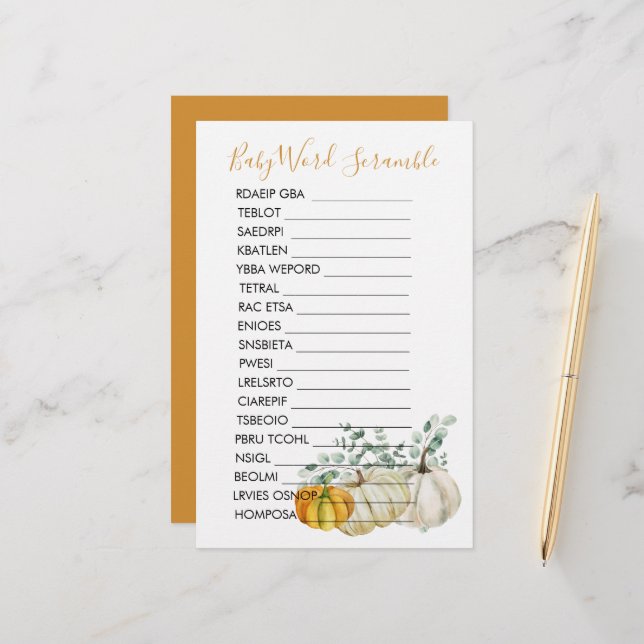 Baby shower Scramble Herfst pompoen groen (Voorkant / Achterkant in situ)