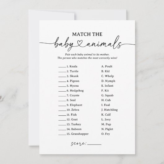 Baby shower Script Baby Dier Matching Baby spel Kaart (Voorkant)