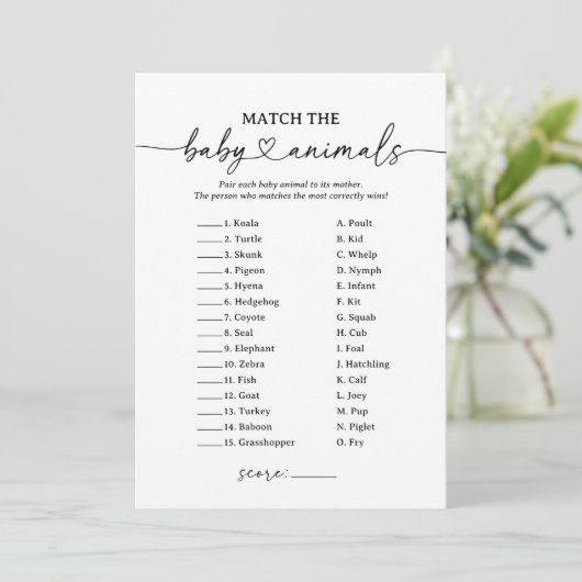 Baby shower Script Baby Dier Matching Baby spel Kaart (Staand voorkant)