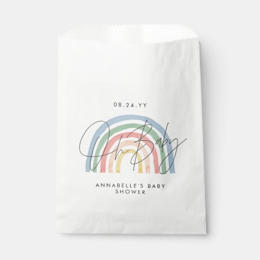 Baby shower script kleurrijke waterverf regenboog bedankzakje (Voorkant)