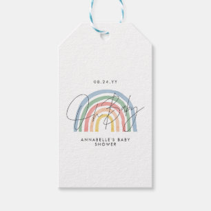 Baby shower script kleurrijke waterverf regenboog cadeaulabel