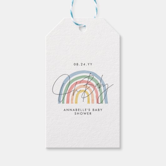 Baby shower script kleurrijke waterverf regenboog cadeaulabel (Voorkant)