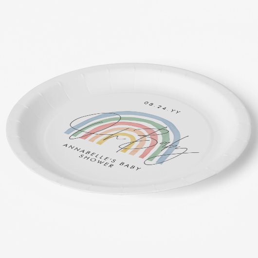 Baby shower script kleurrijke waterverf regenboog papieren bordje (Gekanteld)