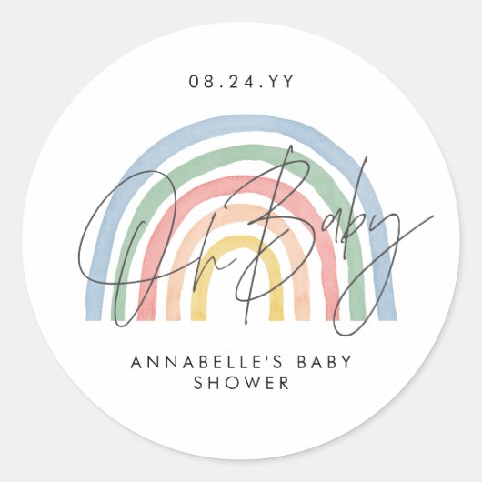 Baby shower script kleurrijke waterverf regenboog ronde sticker (Voorkant)