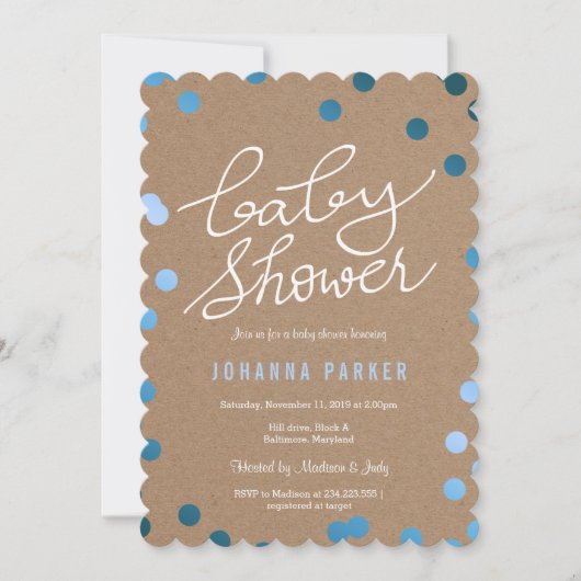 baby shower Script Kraft Paper Blue Confetti Kaart (Voorkant)