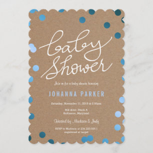baby shower Script Kraft Paper Blue Confetti Kaart