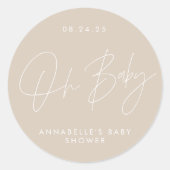 Baby shower script modern beige elegant ronde sticker (Voorkant)