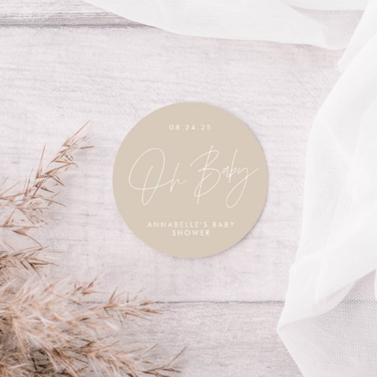 Baby shower script modern beige elegant ronde sticker