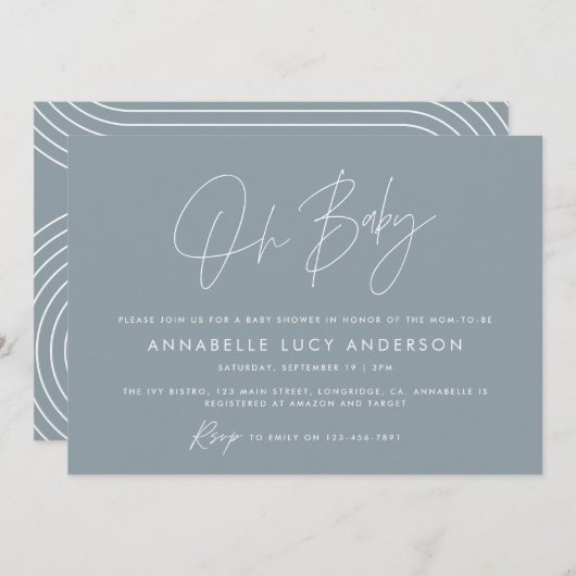 Baby shower script modern dusty blue boho kaart (Voorkant / Achterkant)