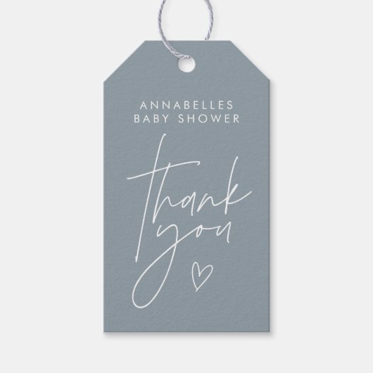 Baby shower script modern dusty blue elegant cadeaulabel (Voorkant)