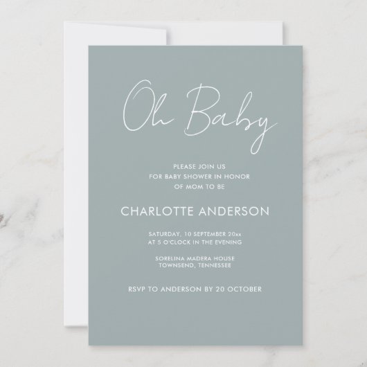 Baby shower script modern dusty blue elegant kaart (Voorkant)