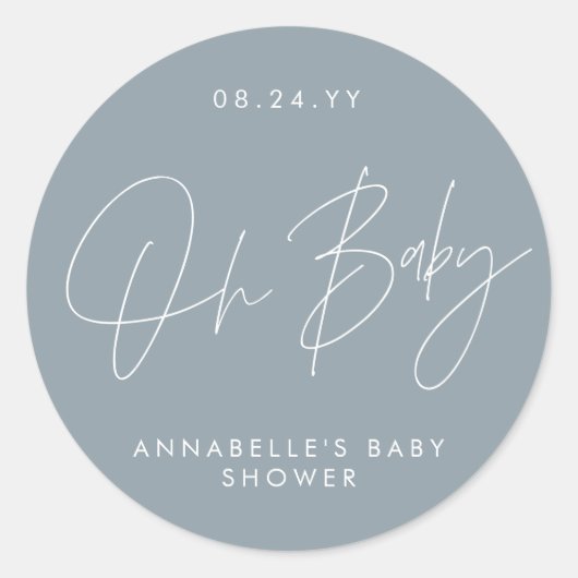 Baby shower script modern dusty blue elegant ronde sticker (Voorkant)
