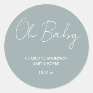 Baby shower script modern dusty blue elegant ronde sticker