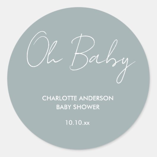 Baby shower script modern dusty blue elegant ronde sticker (Voorkant)