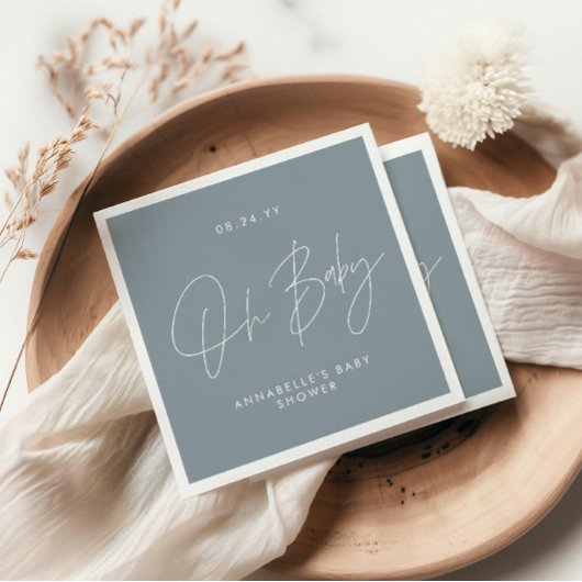 Baby shower script modern dusty blue elegant servet