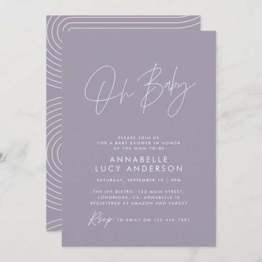 Baby shower script modern elegant lila paars kaart (Voorkant / Achterkant)