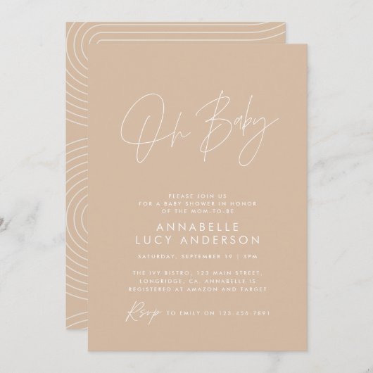 Baby shower script modern elegant natuurlijk beige kaart (Voorkant / Achterkant)