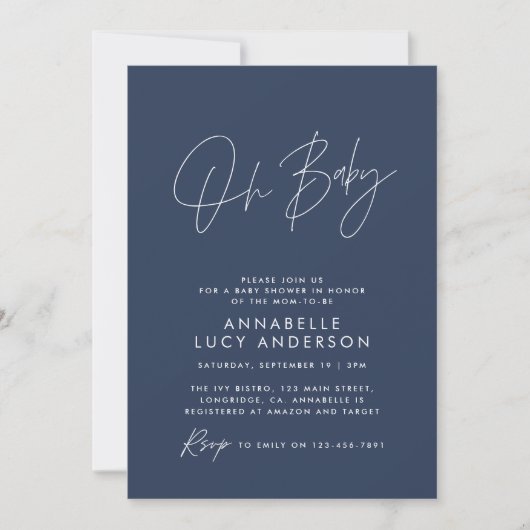 Baby shower script modern elegant navy blue kaart (Voorkant)