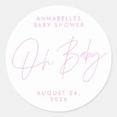 Baby shower script modern girale roze elegant ronde sticker (Voorkant)