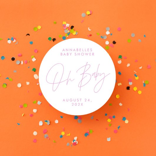 Baby shower script modern girale roze elegant ronde sticker