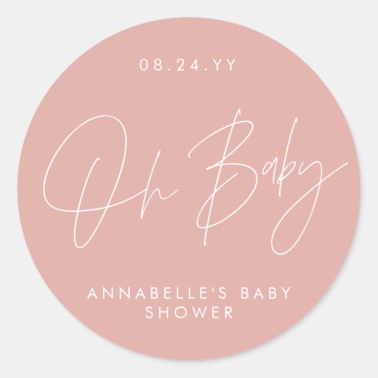 Baby shower script modern girly roos roze elegant ronde sticker (Voorkant)