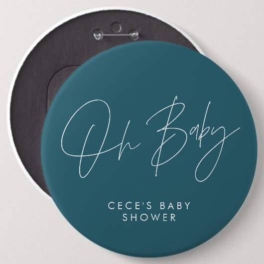 Baby shower script modern minimal blauwgroen blauw ronde button 6,0 cm (Voorkant /achterkant)
