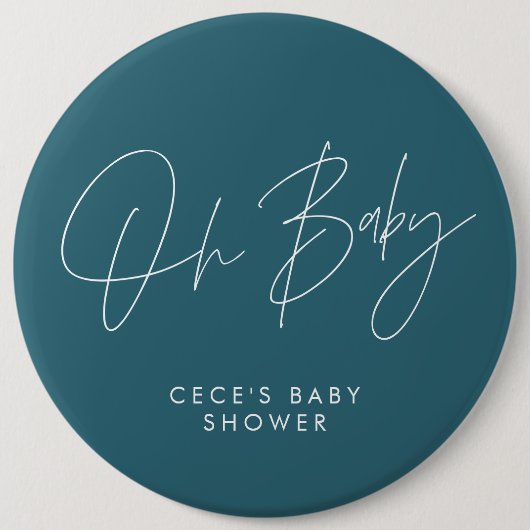 Baby shower script modern minimal blauwgroen blauw ronde button 6,0 cm (Voorkant)